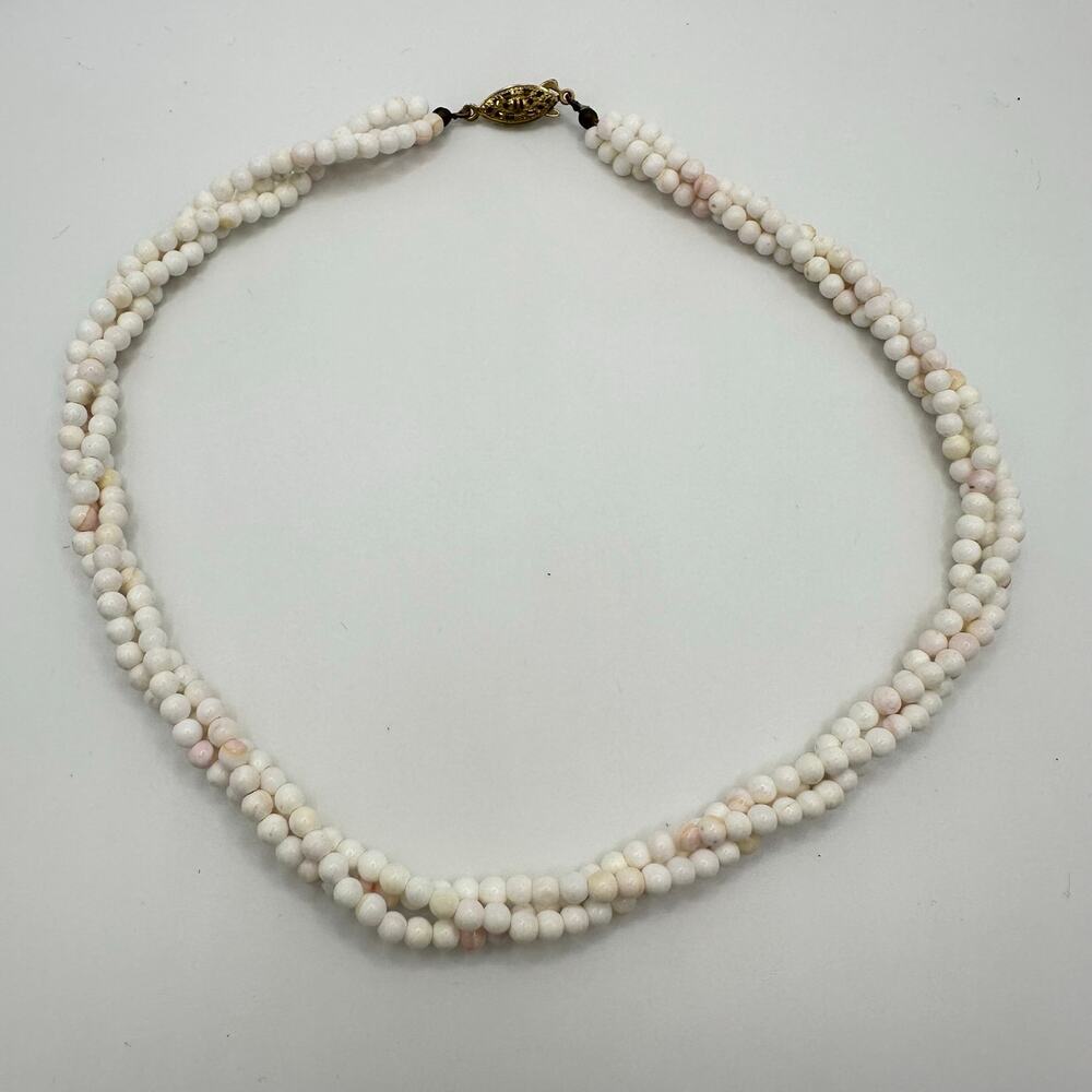 Triple 3 strand twisted genuine angel skin coral 3.5mm beads beaded 16” necklace